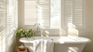 Charming white custom interior shutters on bathroom windows near a soaking tub and flowers