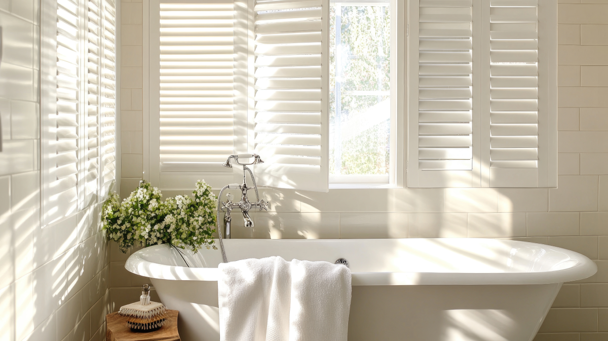 Charming white custom interior shutters on bathroom windows near a soaking tub and flowers